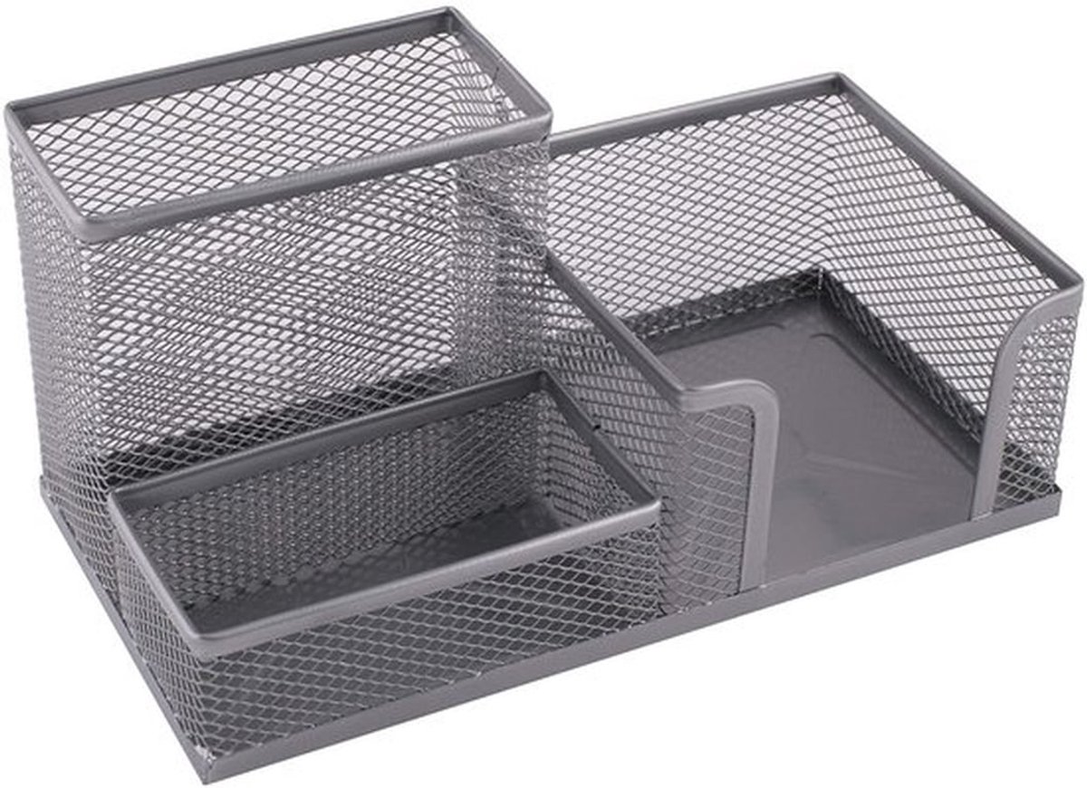 Bureauorganizer Zilverkleurig - Pennenhouder - Notitiebox - Kantooraccessoires - 3 Vakken - Antislip Voetjes - Kantoororganizer