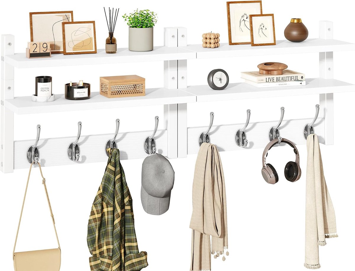 Home & Beyond® Wandkapstok met Plank - Kapstok voor aan de Wand - Set van 2 - Wit
