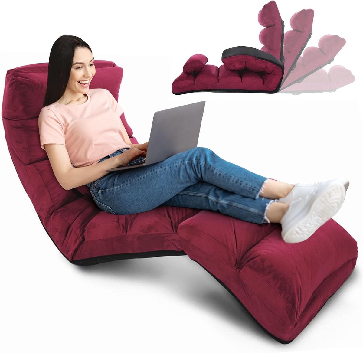 Home & Beyond® Verstelbare Vloerstoel - Opvouwbare Ligstoel met Kussen - Voor Lezen en Ontspannen - Rood - 175x55x20 cm