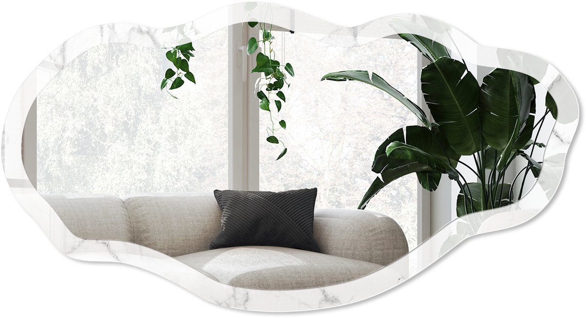 Wallfluent Marmerpatroon Spiegel - Wit Rechthoekige Spiegel Met Modern Design - Organische Spiegel - Badkamer, Keuken, Woonkamer - Klassiek - 45x90 cm - Totale afmeting 52x97 cm