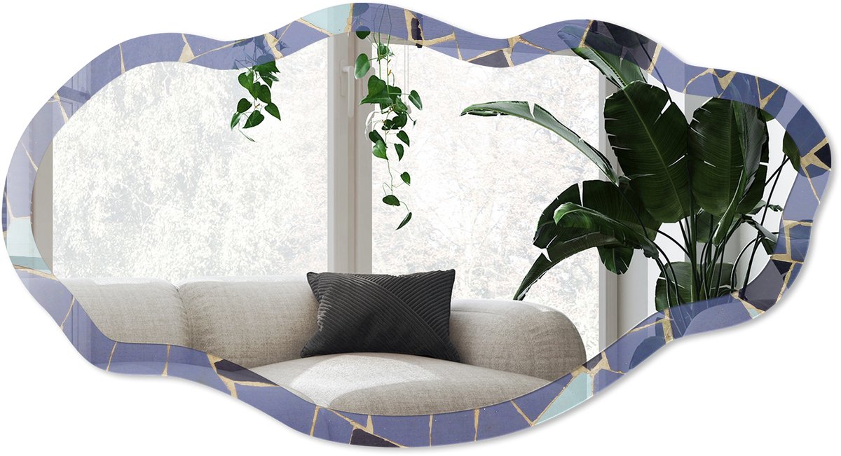 Wallfluent Blauw Mozaïek Spiegel - Blauw Rechthoekige Spiegel Met Modern Design - Organische Spiegel - Badkamer, Hal, Keuken - Geometrisch - 45x90 cm - Totale afmeting 52x97 cm