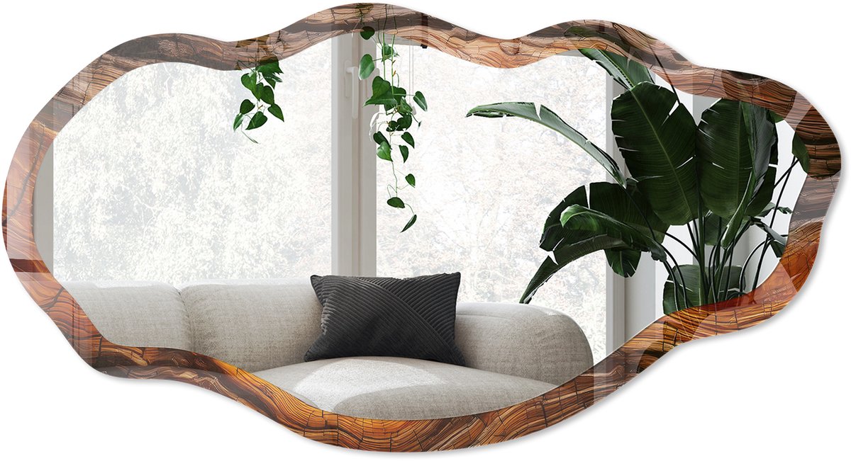 Wallfluent Houtstructuur Spiegel - Oranje Stijlvolle Wandspiegel - Organische Spiegel - Woonkamer, Kantoor, Slaapkamer - Rustiek - 45x90 cm - Totale afmeting 52x97 cm