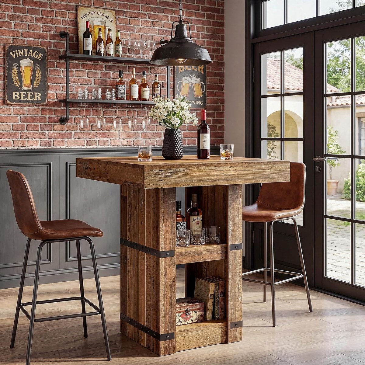 LITTLE TREE Vierkante Bartafel - 80 × 80 × 95 cm - Met opbergruimte - Landelijke industriële hoge tafel - Voor keuken, ontbijthoek, appartement, thuisbar - Bruin