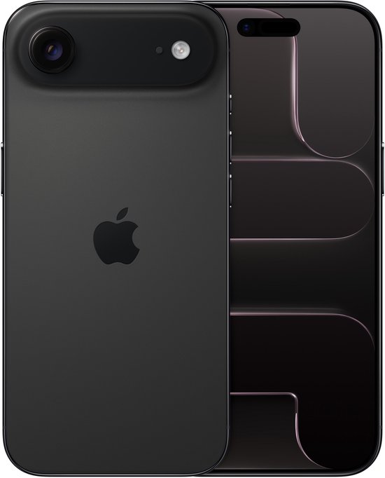 Zwarte iPhone met een rond camerablok, Apple logo en een gedetailleerd, golvend patroon op de voorkant.
