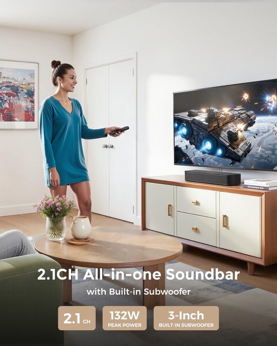Soundbar 2.1 met Ingebouwde Subwoofer - 132W - Bluetooth 5.4 - App & Equalizer - Voor TV, PC en Gaming — afbeelding 3