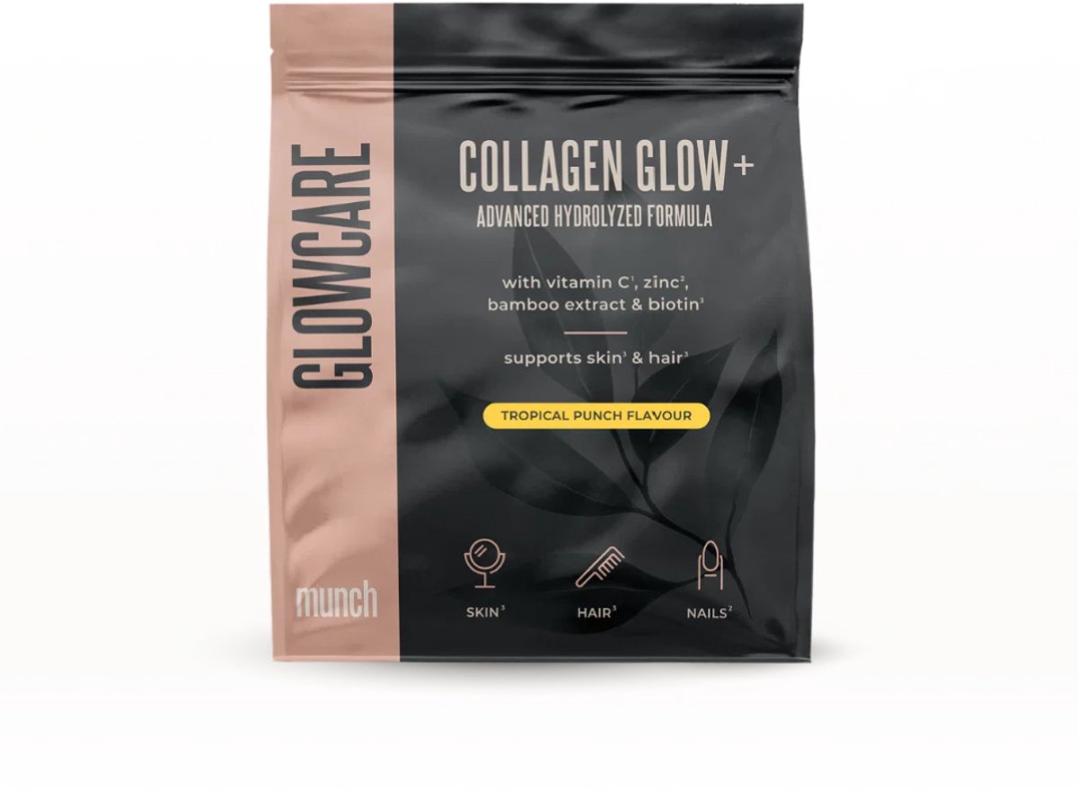 Munch Collagen Glow+ Advanced Formula Tropical Punch | Collageensupplement met Vitamine C*, Zink** & Biotine*** voor huid, haar & nagels** | Tropical Punch smaak | Poeder 300 g (+25 porties)