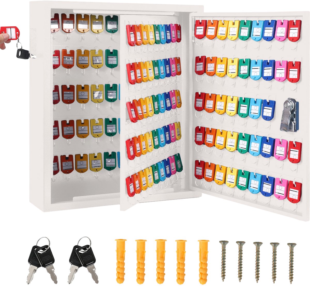 HoerFuriy - Wandgemonteerde Sleutelkast Met Slot - Zware Stalen Sleutelopbergkast - Genummerde Haken En Gekleurde Sleutelhangers - Wit 133 Hooks
