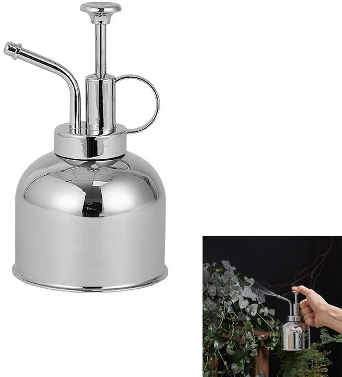 Plantensproeier - Druksproeier - Gieter met drukknop - Plantenwatergever - Verstuiver - Sproeier - Roestvrij staal - Inhoud: 300 ml - Geschikt voor potplanten en bloemen - Zilver
