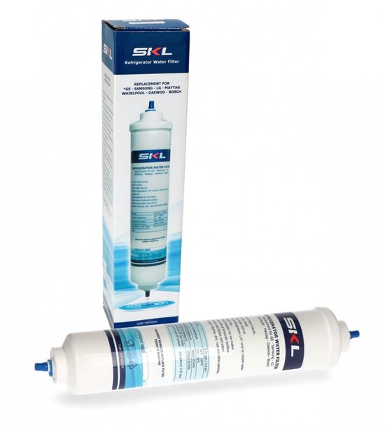 SKL refrigerator water filter, white with blue accents, with packaging.