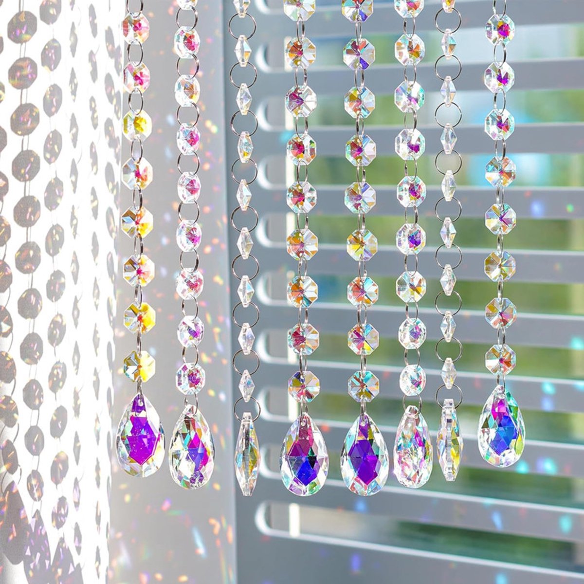 Kristallen Druppelhangers Set van 10 - K9-kristal met AB-kleur en achthoekige kralen - Met haak, 32,3 cm - Voor kroonluchters, lampen en raamdecoratie