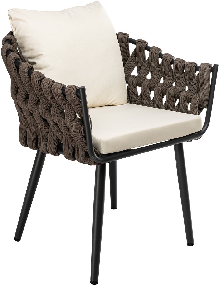 CLP Tuinstoel Naxos - Met Kussen - Touwdesign - Zwart Metaal - Taupe - creme