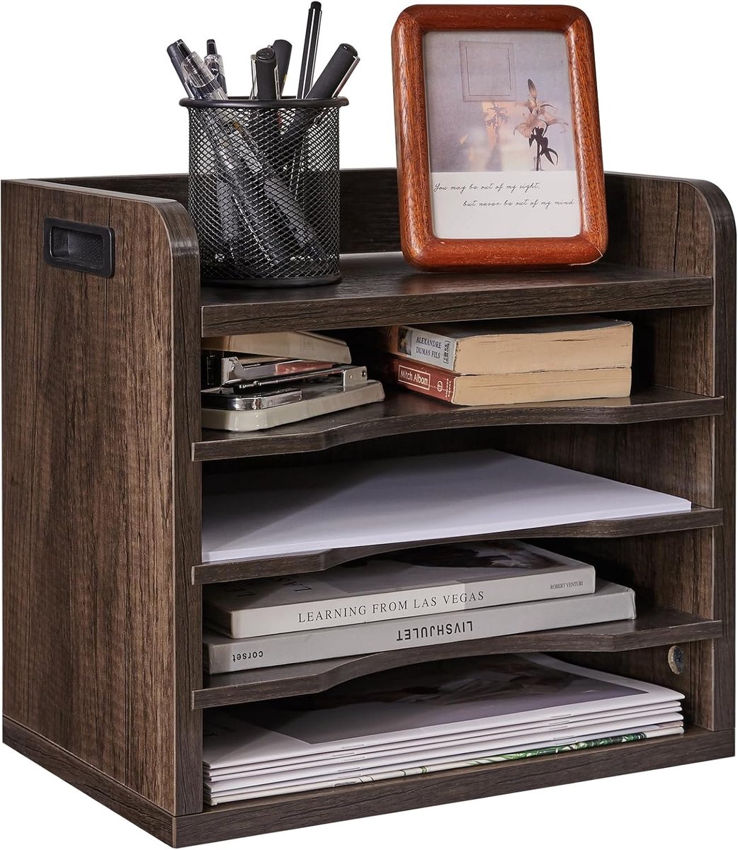 Home & Beyond® Bureau Organizer - Documentenbak van Hout - Uitschuifbare Middenplank - Grijs - 34x23x31.5 cm