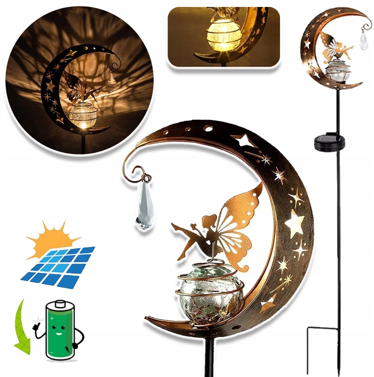 Zonne-Energie Vlinder Tuinverlichting - Bol Van Gebarsten Glas Warm Licht 6-8 Uur Brandtijd Roestvrij Metaal - IP55 Waterdichte Buitenverlichting - Goud