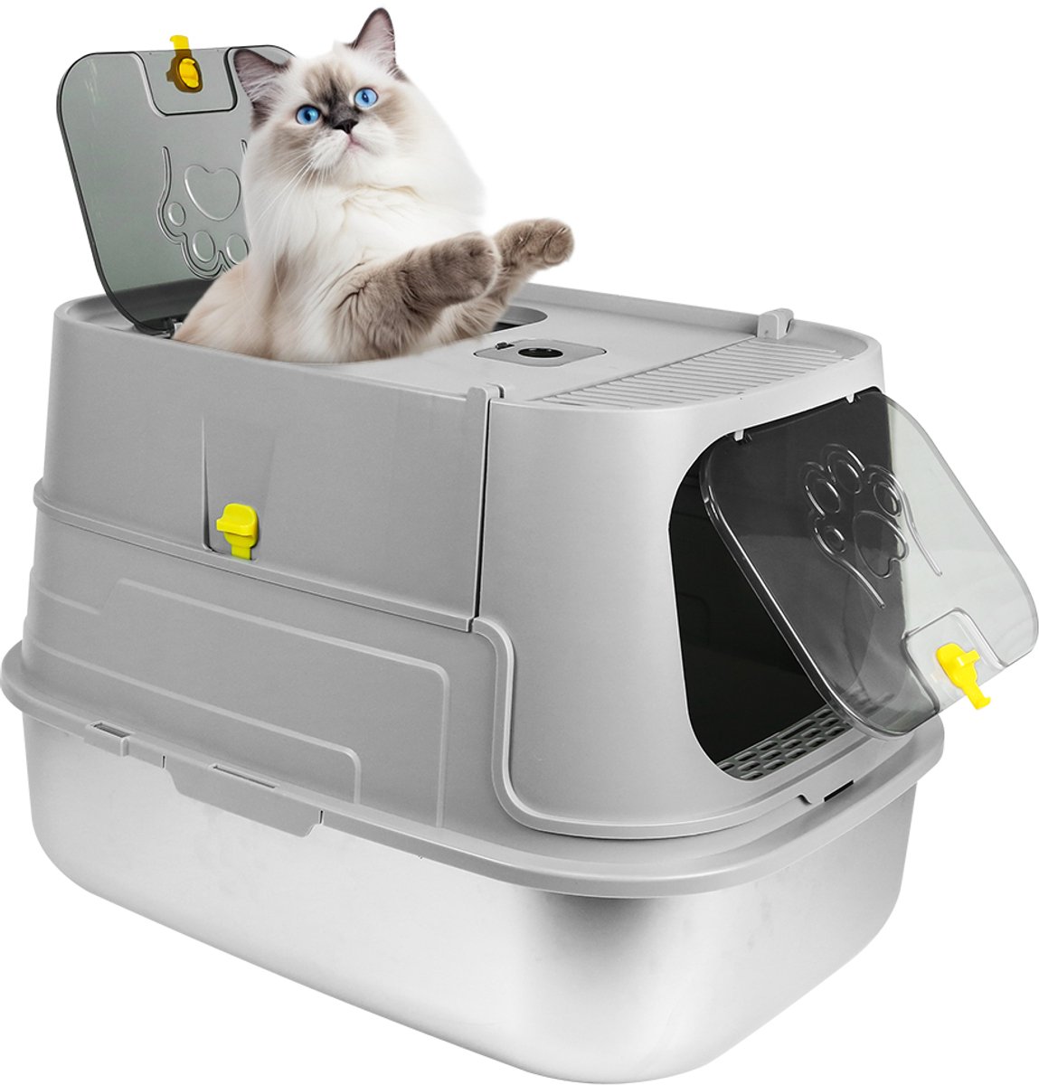 PIPIPOXER Kattenbak RVS -Kattentoilet Roestvrijstaal - Incl. Kattenbakschep met Houder - Gesloten Kattenbak met Lade - 2 in 1 Open Kattenbak - Kattentoilet -36x48.5x39.5cm - Grijs