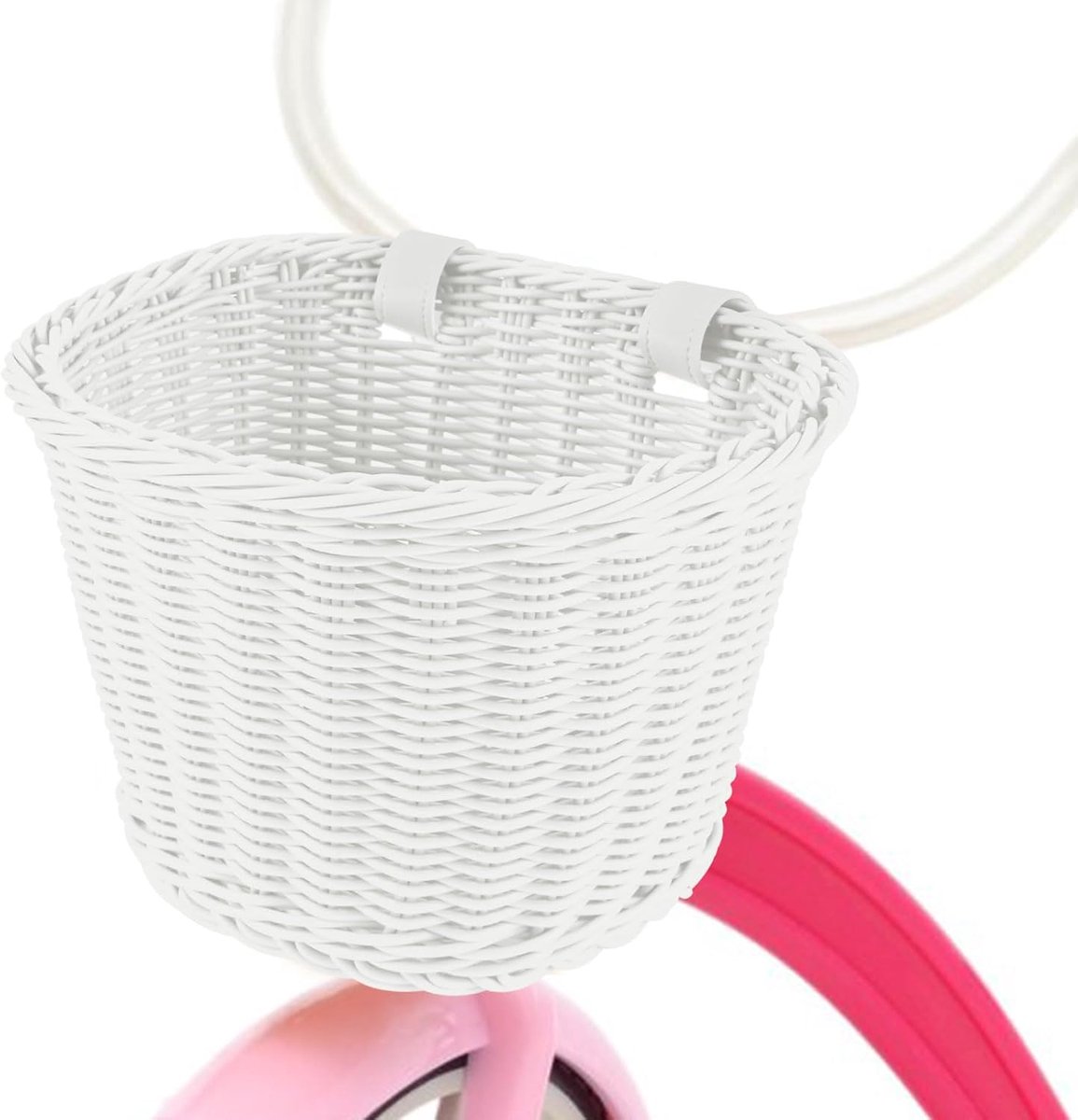 Witte kunstrotan kinderfietsmand 21x18x16 cm, ovale geweven fietskorf met bevestigingsriemen voor kinderfiets en balancefiets