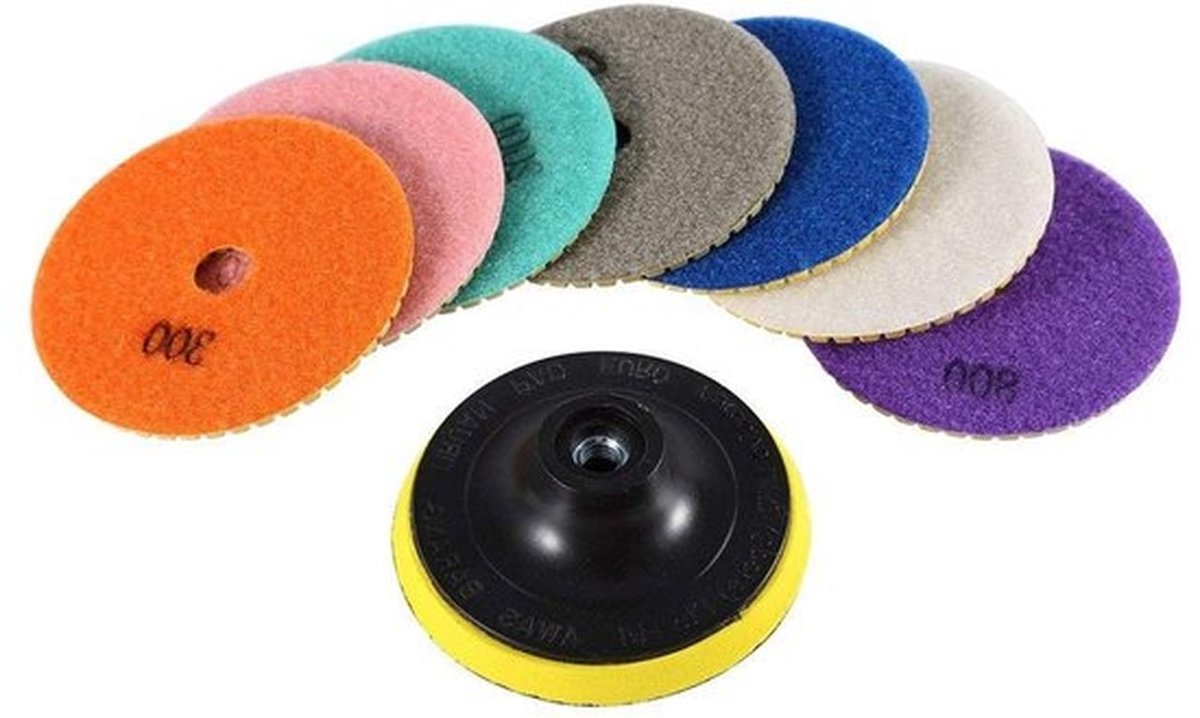 Polijstschijven voor Marmer en Graniet, 4 Inch 100mm Set van 8 Stuks, Inclusief 7 Schuren en 1 Hechtdisc, Ideaal voor Beton en Kunststeen