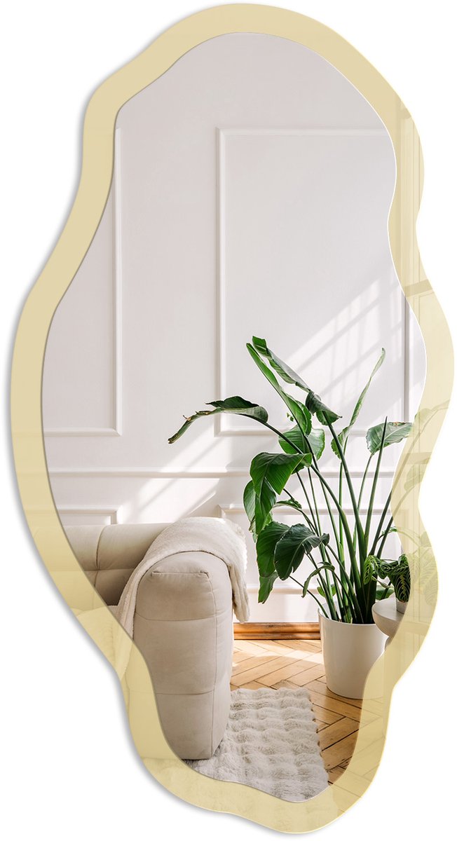 Coloray Mosterdkleur Spiegel - Romig Elegante Rechthoekige Wandspiegel - Organische Spiegel - Woonkamer - Minimalistisch - 45x90 cm - Totale afmeting 52x97 cm
