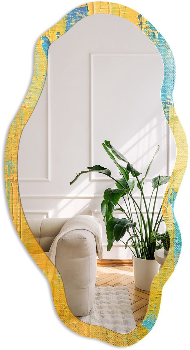 Coloray Kleurimpuls Spiegel - Geel Strakke Rechthoekige Spiegel - Organische Spiegel - Woonkamer, Kantoor, Hal - Abstract - 45x90 cm - Totale afmeting 52x97 cm
