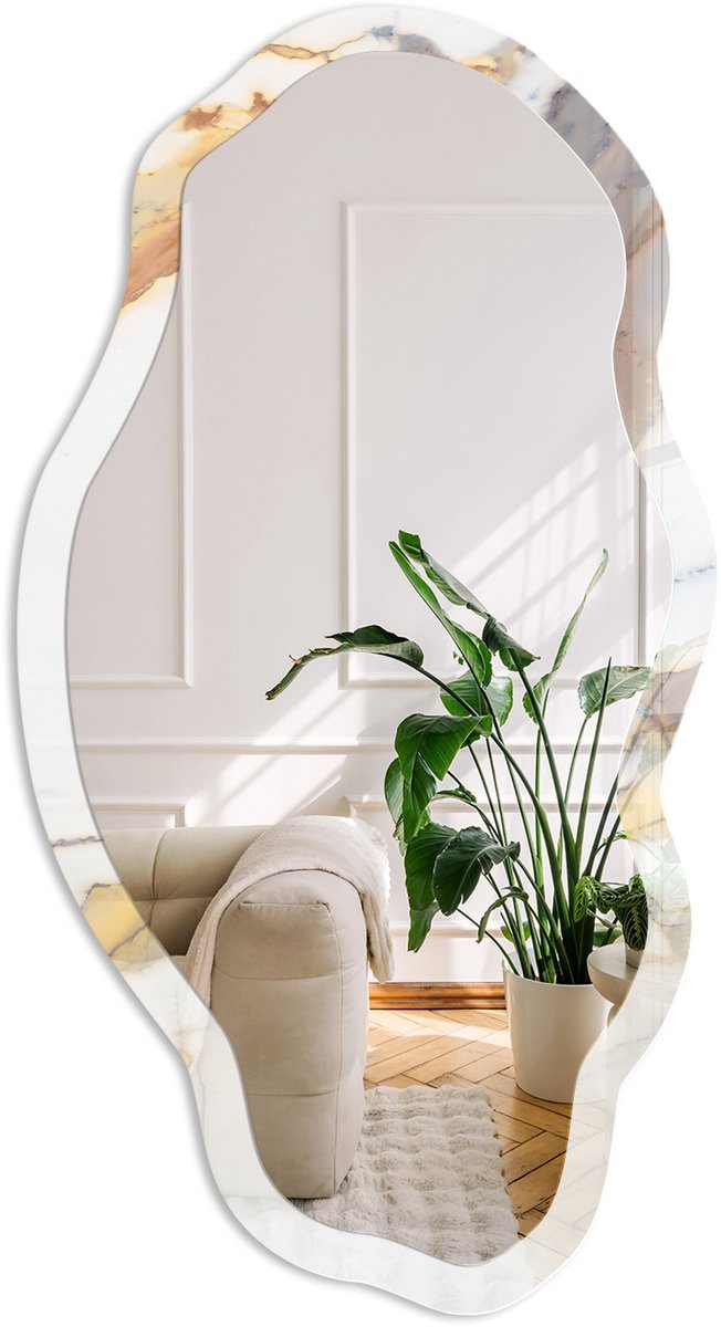 Coloray Marmerpatroon Spiegel - Wit Stijlvolle Wandspiegel - Organische Spiegel - Woonkamer, Badkamer, Kantoor - Minimalistisch - 45x90 cm - Totale afmeting 52x97 cm