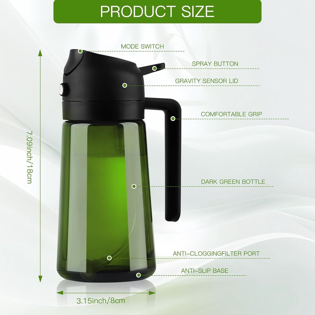 Olijfoliesprayer - Groen - 470 ml - Voedselveilig Glas en PP - 2-in-1 Oliedispenser voor Koken en Grillen
