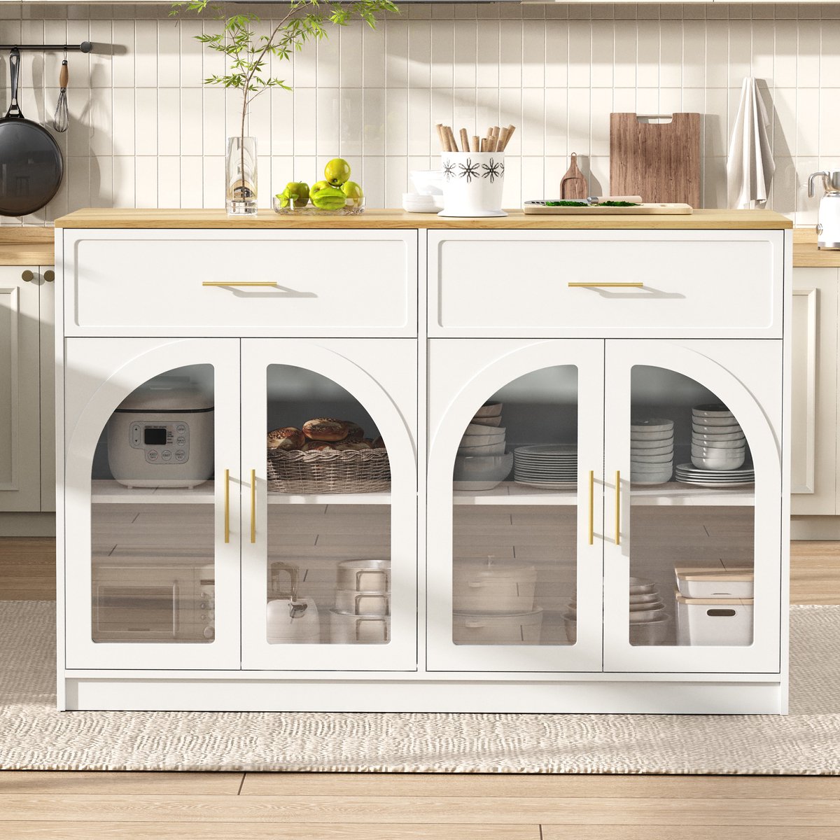 OKWISH Keukeneiland - LED-Verlichting - 2 Laden En Verstelbare Planken - Vrijstaand Voor Keuken En Eetkamer - MDF Wit - 135x55x91 Cm