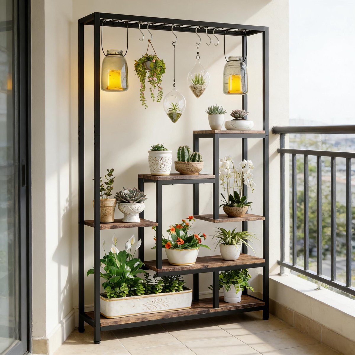 Wishdor Ladderkast 5-laags - Open plantenrek en opbergkast - Met 7 planken en 6 S-haken - Industrieel design - Metaal en bewerkt hout - Zwart rustiek bruin