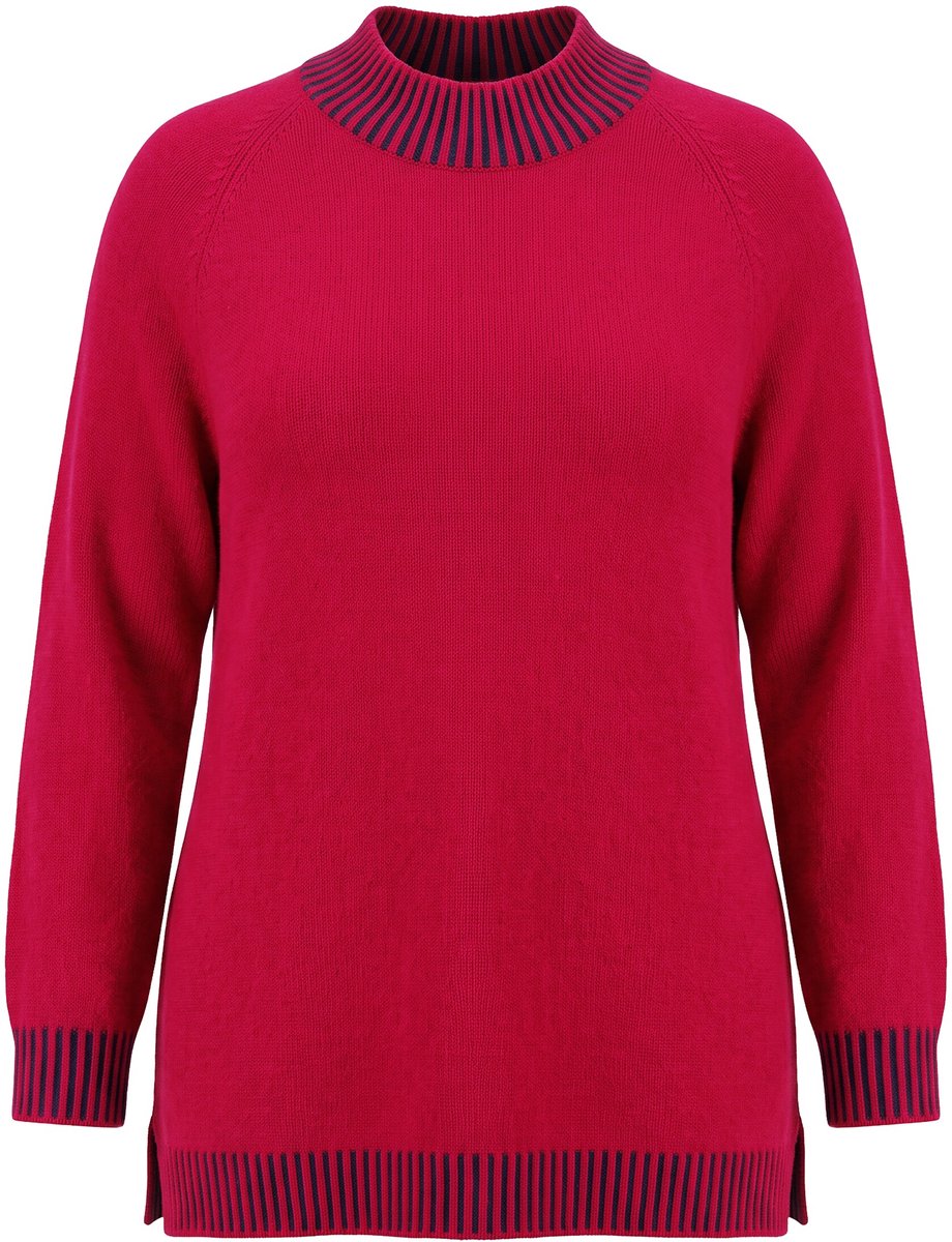 MIAMODA - Dames - Trui straight fit opstaande kraag en manchetten met strepen - Rood - Maat 54+