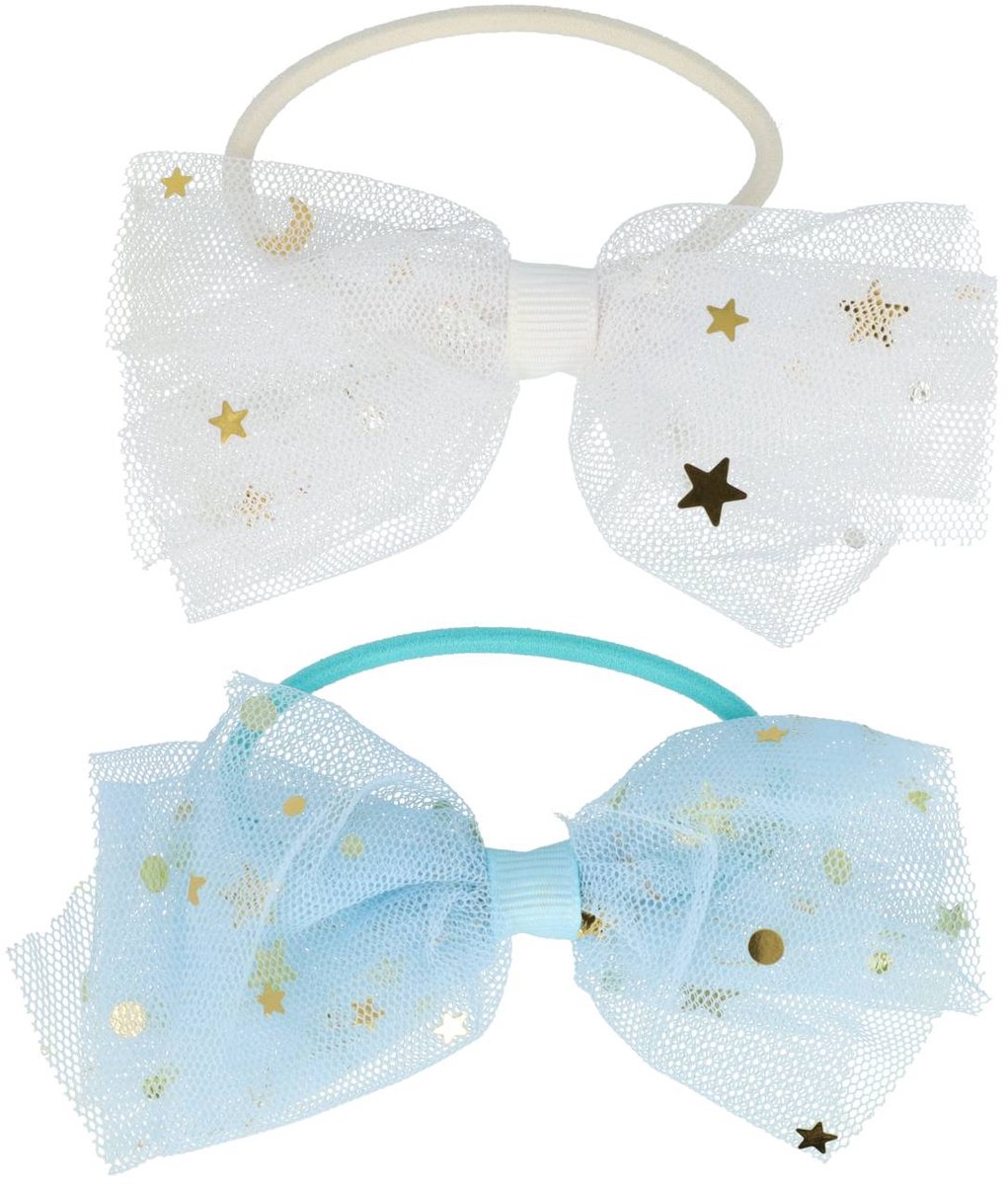 Haarsoires Haarelastieken – Strik 9cm – Tule Stof - Glitters – Wit Blauw – Set van 2