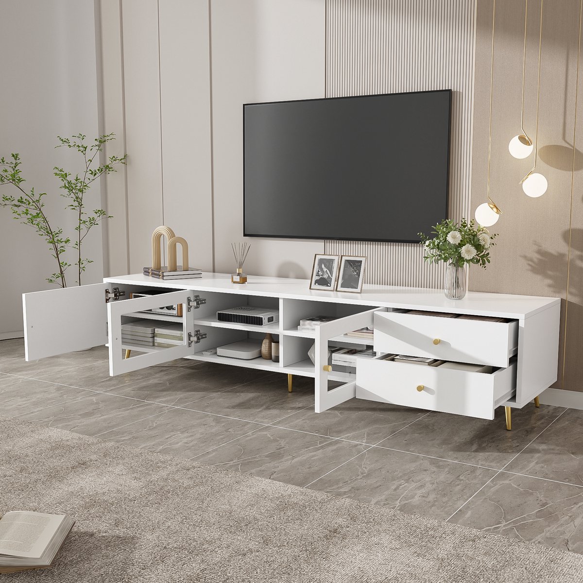 STILVORA TV Meubel - Modern Wit Design Met 2 Lades, 2 Glazen Deuren En 1 Kastdeur - 170 X 40 X 28 Cm - Spaanplaat