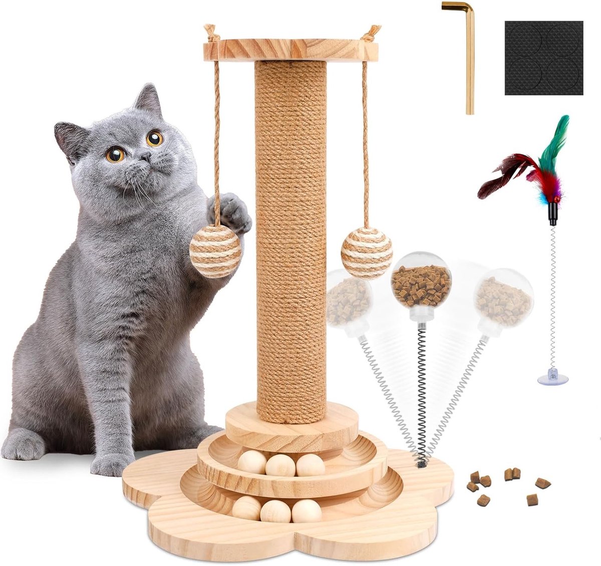 Voerpuzzel voor kat - Hout - 40 cm - 3-in-1 interactieve krabpaal met speelbal en veer - Voor katten en kittens
