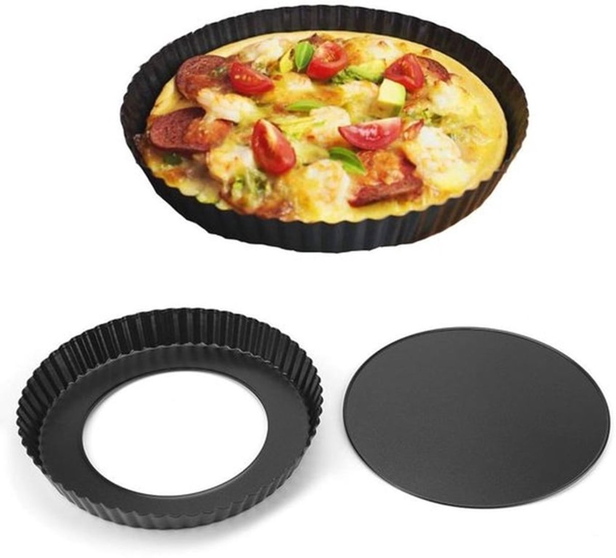 Quichevorm met losse bodem - Koolstofstaal - Diameter 22,3 cm - Hoogte 3 cm - Antiaanbaklaag - Geribbelde zijkanten - Pizzapan