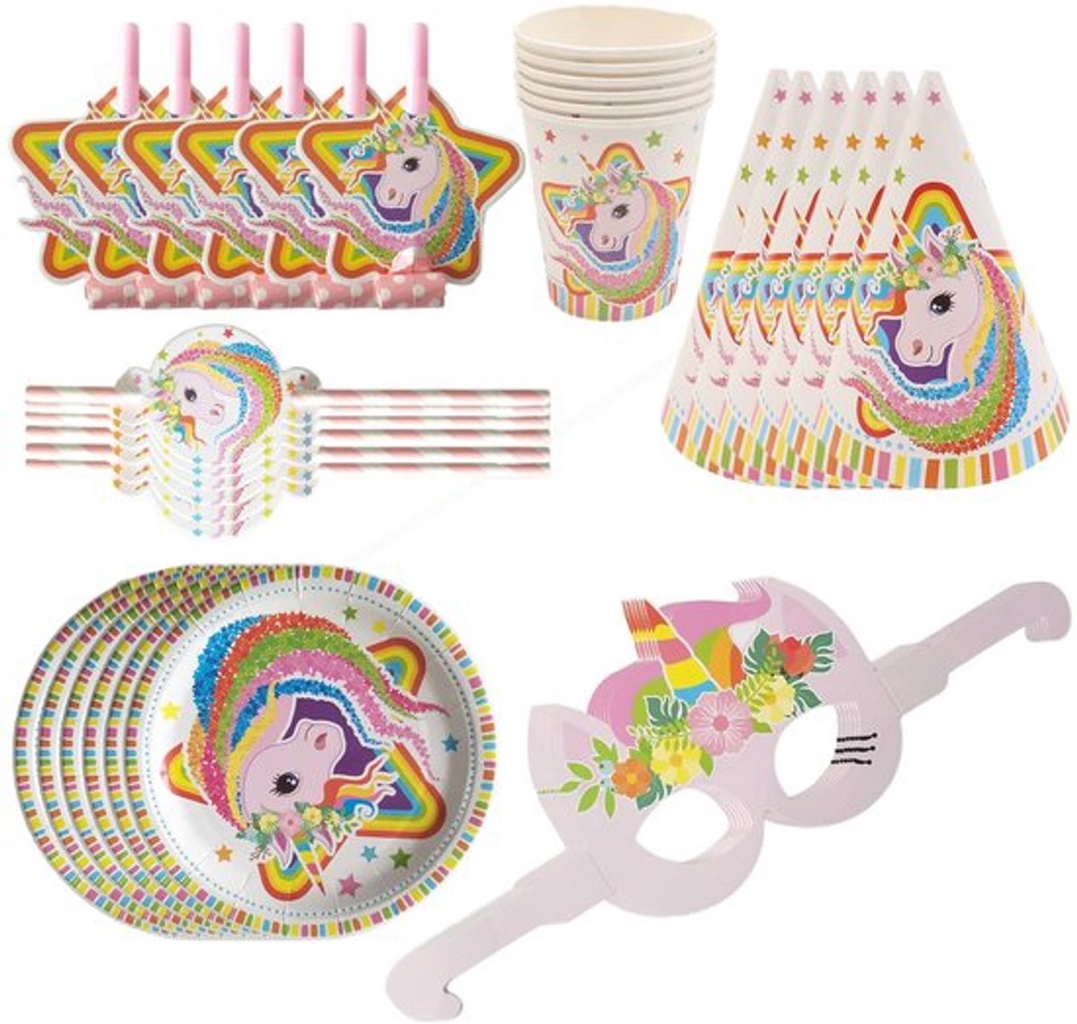 Verjaardagsfeestserviesset 36 Stuks - Borden/Bekers/Rietjes - Herbruikbare Versieringen - Geschikt voor 6+ Personen - Kleurrijk Papier - Feestservies