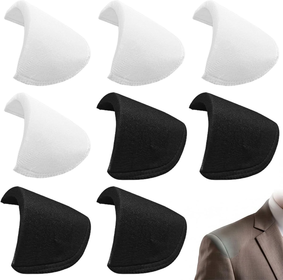 Set van 8 schouderkussens voor blazers en jassen, 4 zwarte en 4 witte, zachte schuimrubberen pads voor extra comfort en ondersteuning (18 x 10 x 1,5 cm)