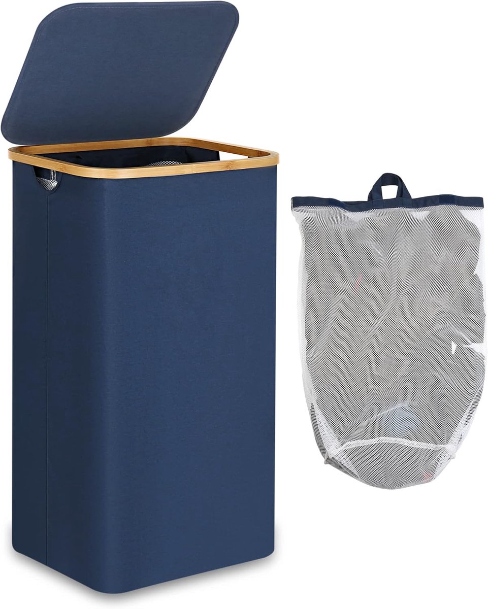 SnelShoppen - Grote Wasmand met Deksel 100 Liter, Vouwbare Bamboe Wasmand voor Vuile Kleding, Blauw, Ideaal voor Huishoudens en Kinderen