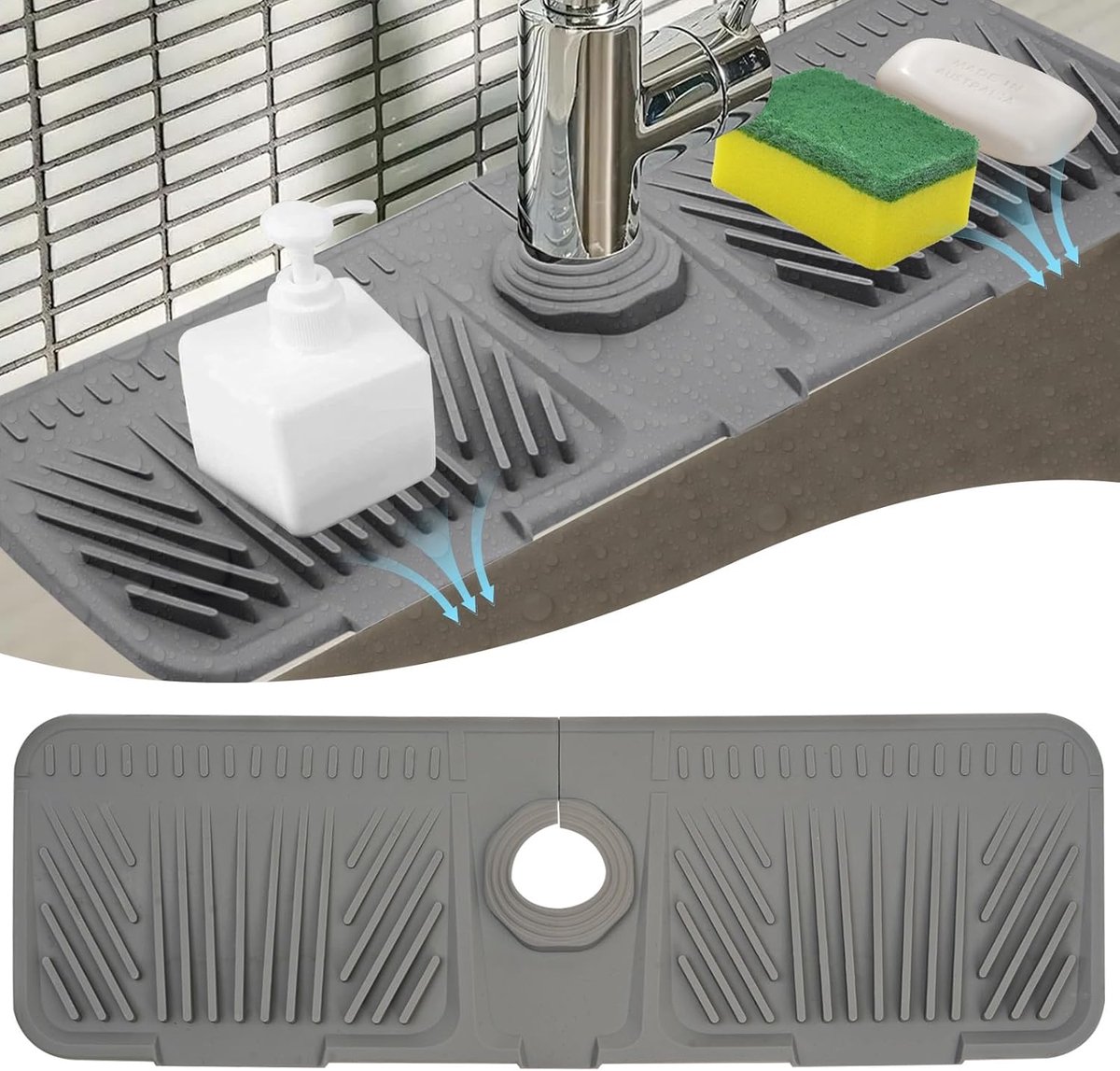 Silicone Draining Mat Water Tap, 5° Slope, Splash Guard Kitchen, Washbasin, Grey - ShopVlot