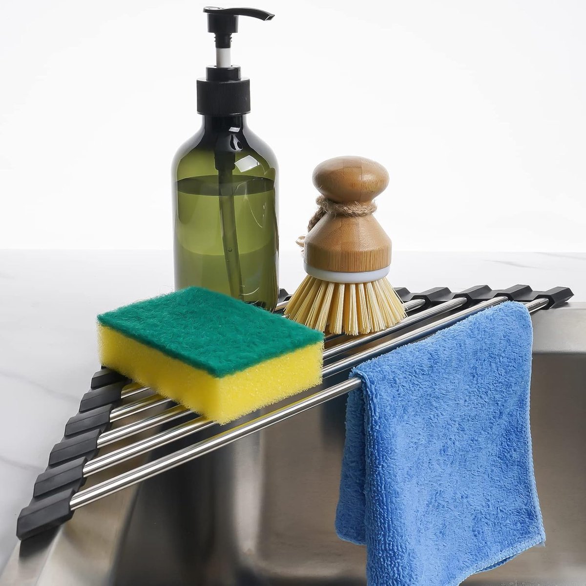 Thijox - Driehoek oprolbaar droogrek voor gootsteen hoek klein opvouwbaar roestvrij staal - Boven de gootsteen keuken afdruiprek Caddy Trivet Roestvri