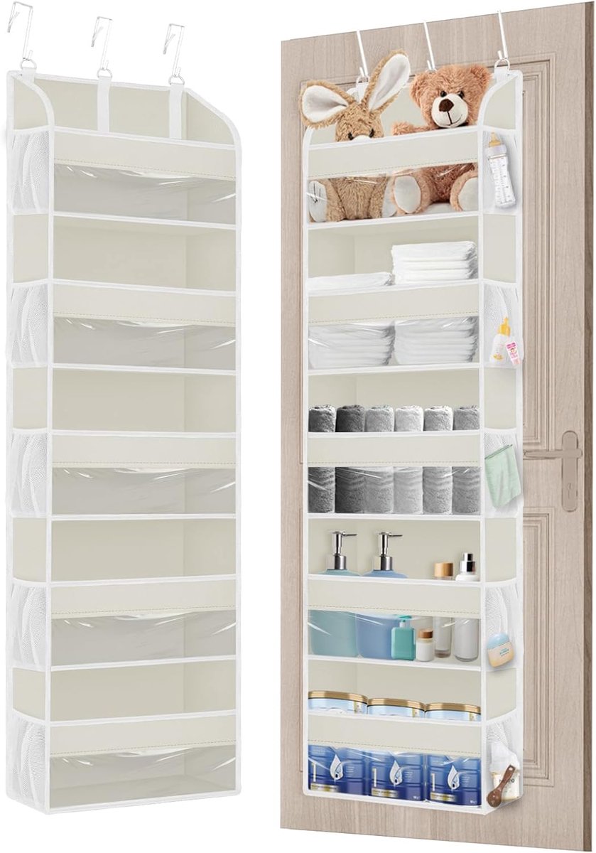 Thijox - Opbergorganizer Over De Deur Beige met 3 Metalen Haken, 5 Grote Zakken en 10 Gaaszakken voor Slaapkamer, Badkamer en Multifunctioneel Gebruik