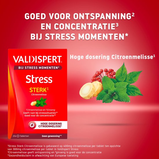 Rode Valdispert verpakking met afbeelding van citroenmelisse en gember. Tekst: Goed voor ontspanning en concentratie.
