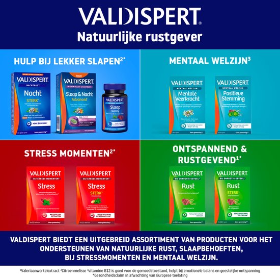 Overzicht van Valdispert producten voor slapen, stress en mentaal welzijn met verpakkingen en beschrijvingen.