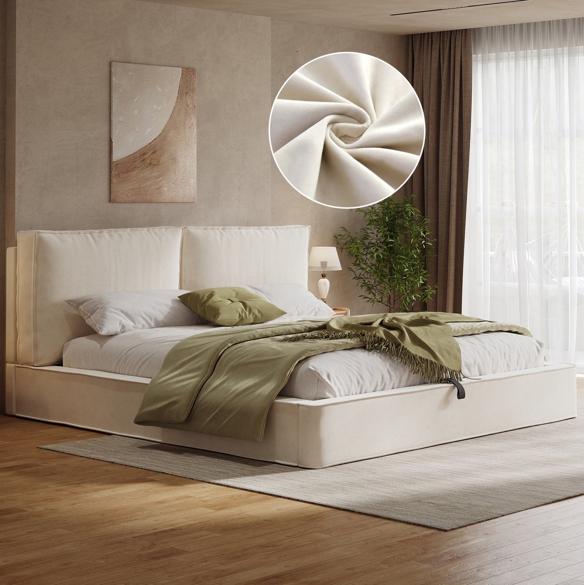 OKWISH Gestoffeerd Bed 180x200 cm - Hydraulisch Opbergbed met Lattenbodem en Hoog Hoofdbord - Tweepersoonsbed Zonder Matras - Fluweel - Beige