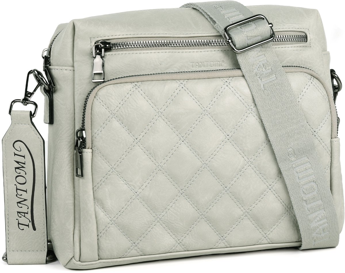 TANTOMI - Dames Schoudertas - met 6 RFID-Kaartsleuven - Crossbodytas Middelgrote - Met Verstelbare en Afneembare Brede Band - Grijswit
