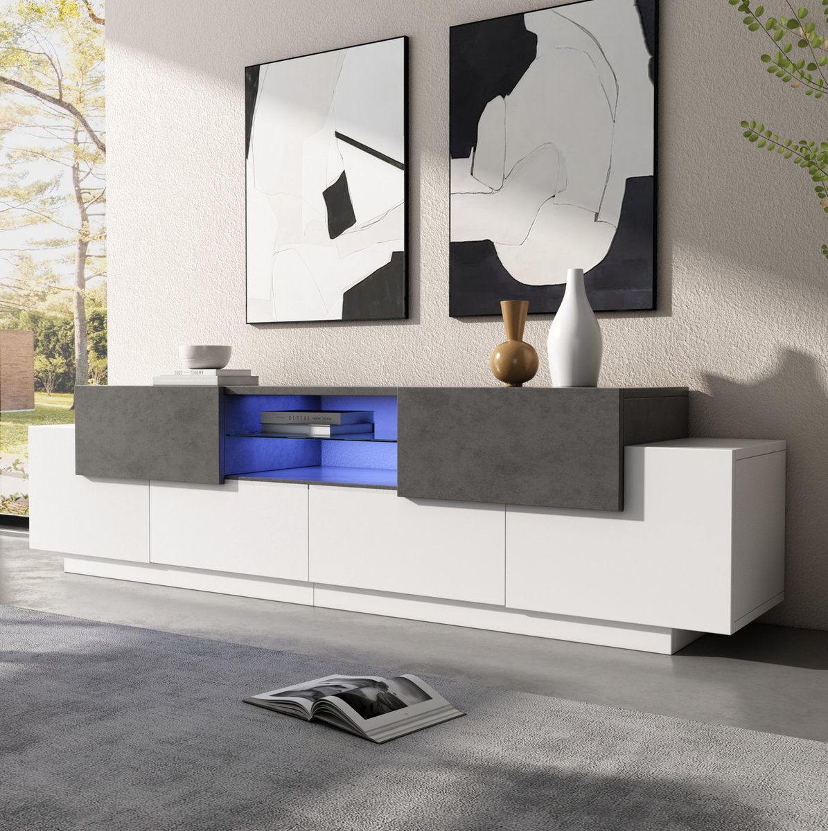 COVREO TV-meubel 180x40x45 cm - LED verlichting, glasplank, 2 lades, wit en grijs