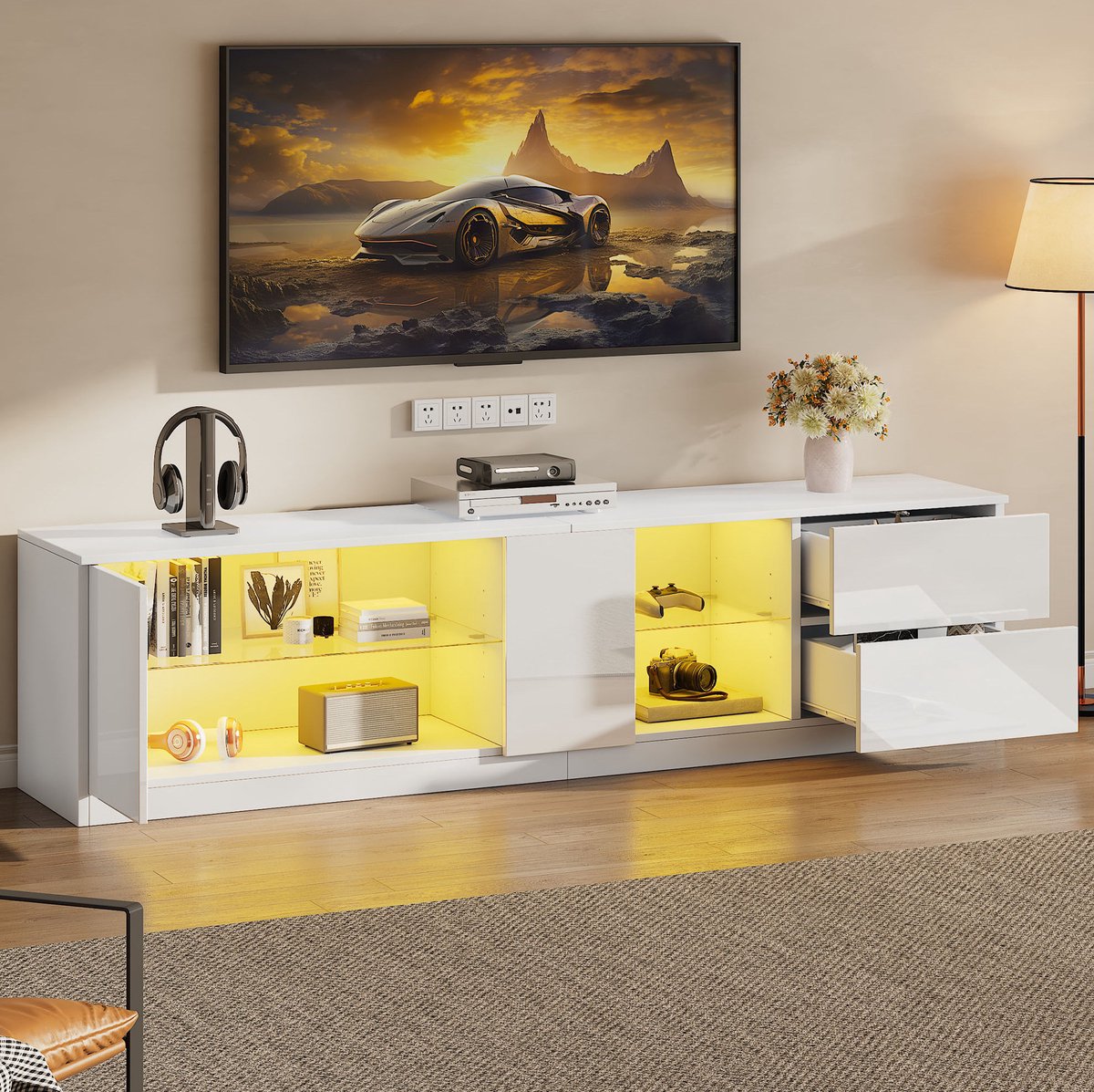 COVREO TV meubel 160 x 40 x 52 cm - wit hoogglans front, LED, 2 lades en kastdeur