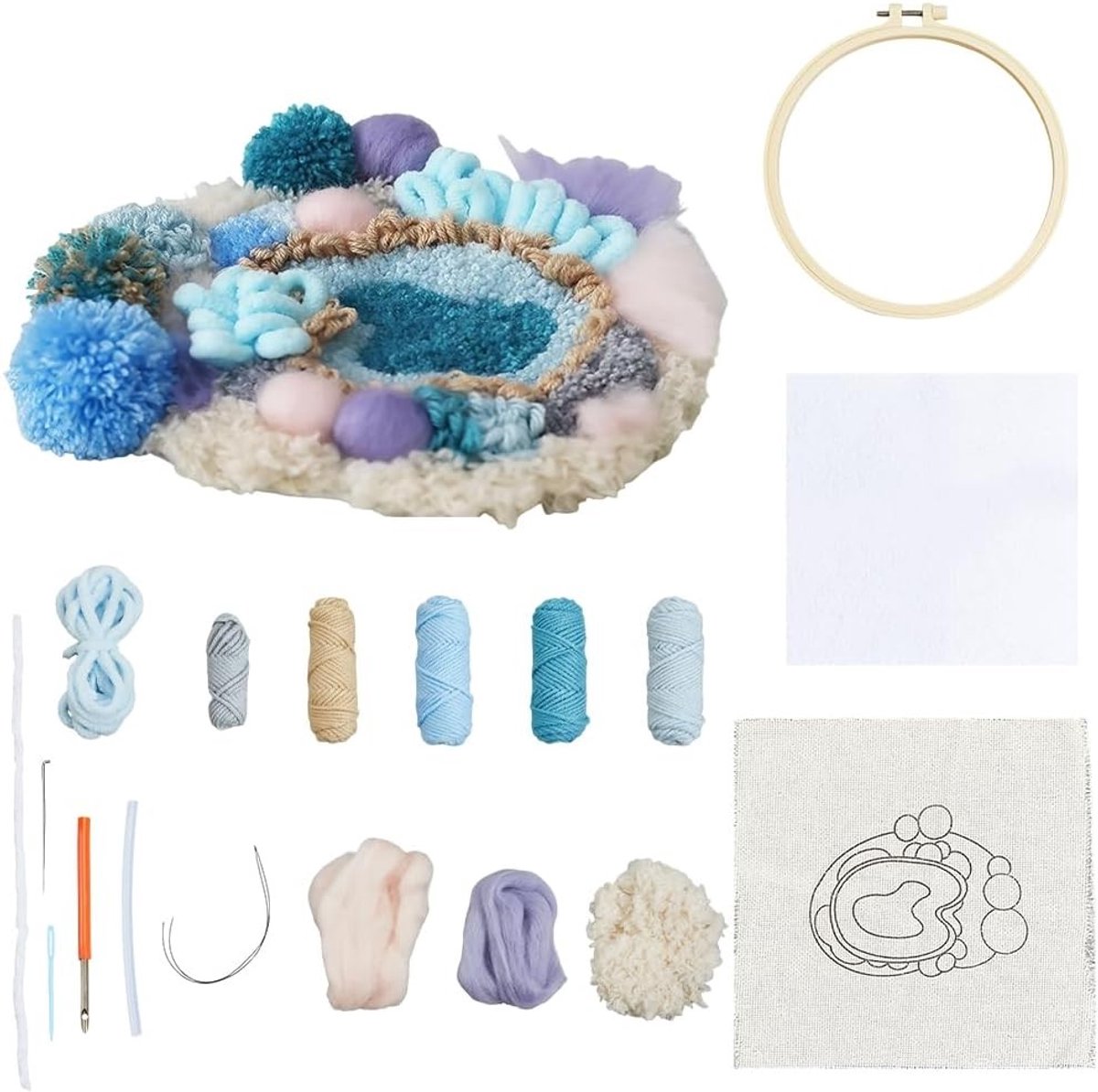 Punch Needle Kit voor Woven Coasters in Blauw - DIY Borduurset voor Beginners met Zelfklevende Viltgarens en Hoepels voor Creatieve Winterprojecten en Kerstdecoratie