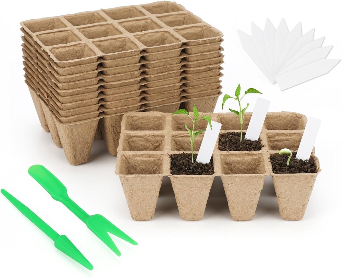 15-delige set van 180 cellen zaaitrays en biologisch afbreekbare zaai- en plantpotten met 100 plantlabels, ideaal voor zaadkieming en transplantatie
