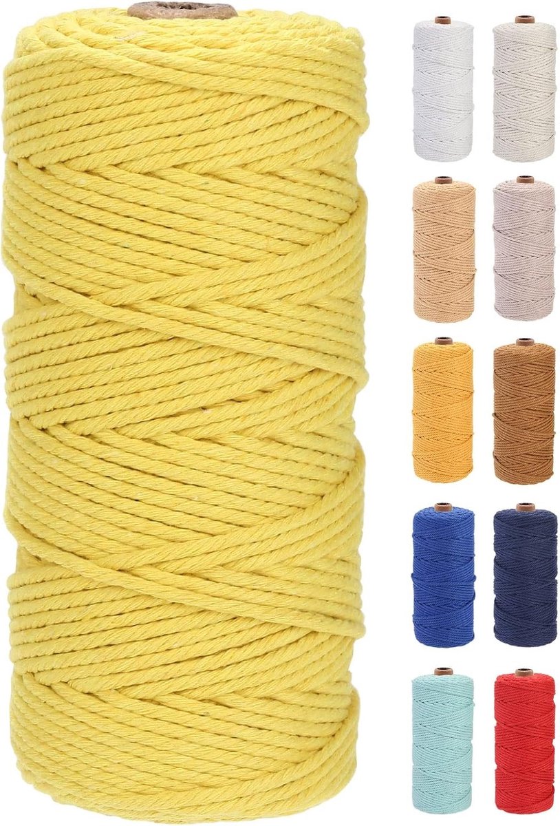 Premium Katoenen Macrame Touw 3mm x 100m, Zacht en Sterk, Ideaal voor Macrame Projecten en Ambachtelijke Creaties, Chemisch Vrij (Geel)