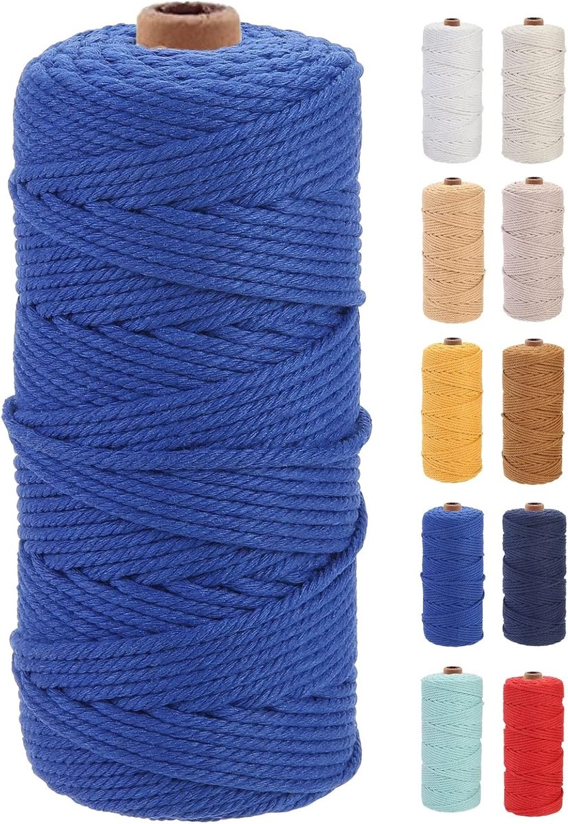 Premium Katoenen Macrame Touw 3mm x 100m, 4 Strengen Gedraaid, Ideaal voor Macrame Projecten, Handwerken en Creatieve DIY Klussen (Donkerblauw)