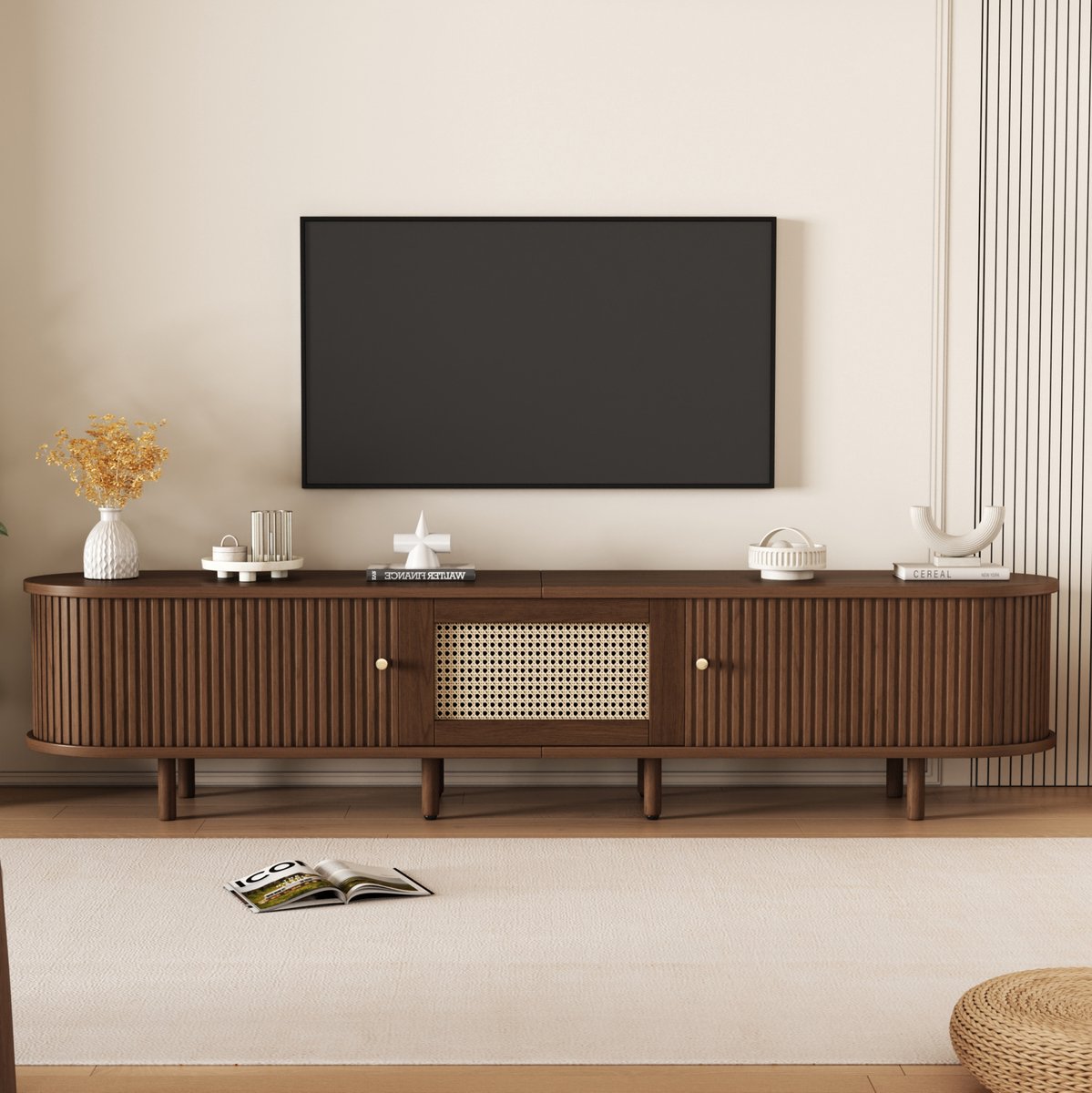 COVREO tv-meubel 180 x 40 x 40 cm - donkerbruin, rattan-design, 1 lade en 2 schuifdeuren Donker walnoot