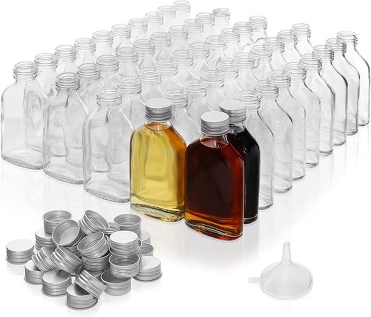 - Glazen Likeurflessen - Zilveren Doppen - Mini 100 ml - Feestelijk Ontwerp - Trechter Inbegrepen - Geschikt voor Alcoholische Drank - Transparant - 50 Stuks