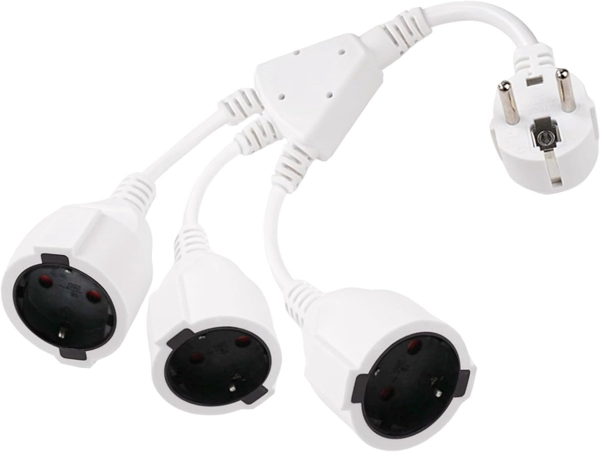Thijox - Dubbele stekker voor stopcontact, 3-voudig meervoudig stopcontact met flexibele kabel, 250 V, 16 A, maximaal 3680 W, vlamvertragend PVC, wit,